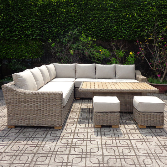 Seville Large Wicker Corner Garden Furniture Sofa Set With Riser Table & 2 Stools