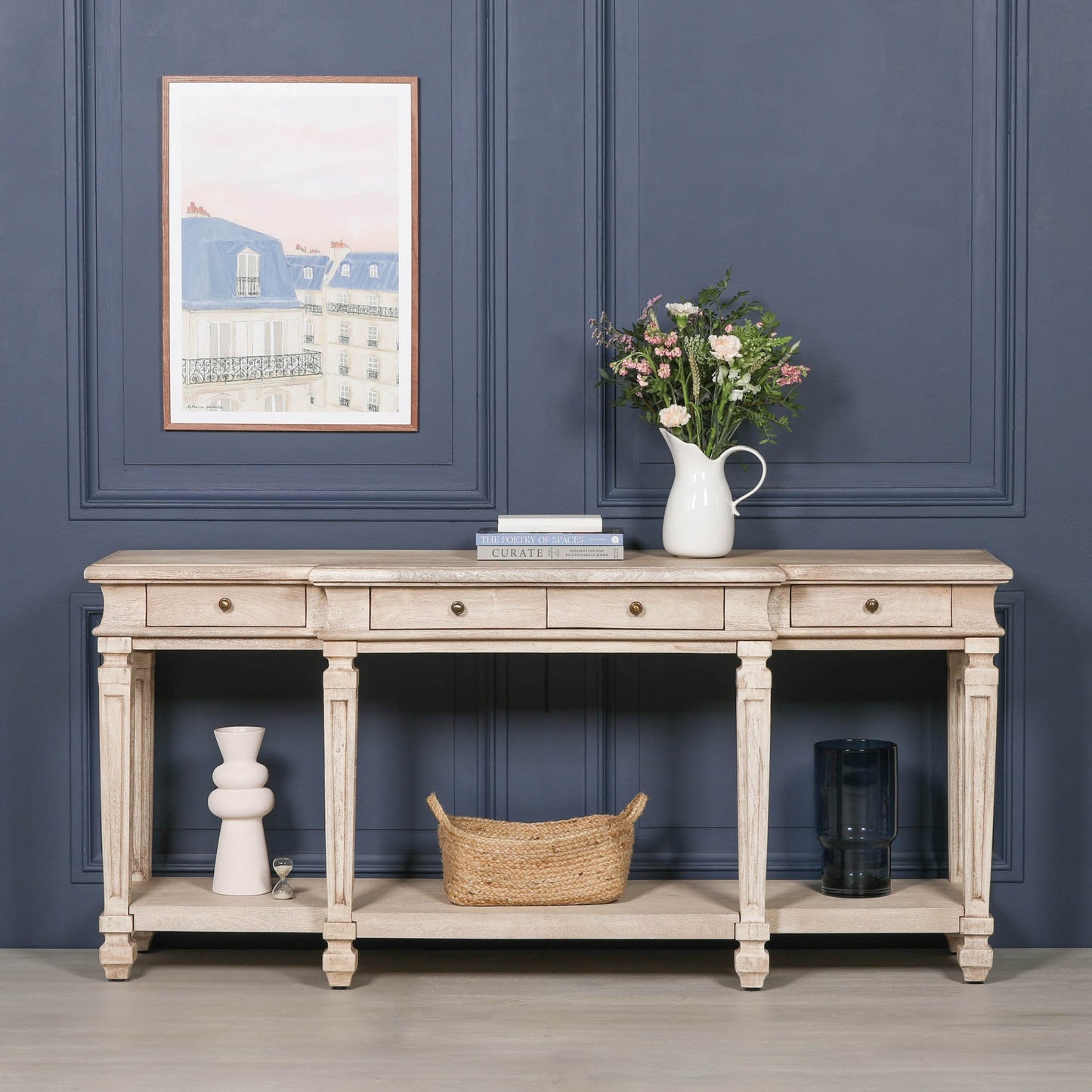 Wooden 4 Drawer Breakfront Console Table